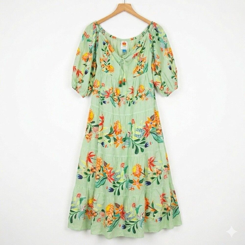 Farm Rio Tropical Floral Peasant Boho Maxi Dress Small Flowy Puff Sleeve New
